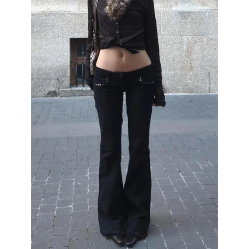 Women's Low Rise Jeans Black Flared Denim Pants Gyaru American Retro Korean Cyber Punk Trumpet Jeans Y2k Skinny Bell Bottom New