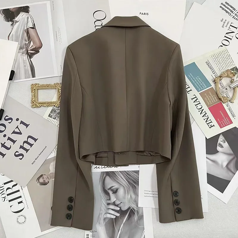 Smvp Black Cropped Blazers Woman Trend 2024 New All-match Notched Collar Crop Jacket Women Korean Chic Single Button Suit Coat