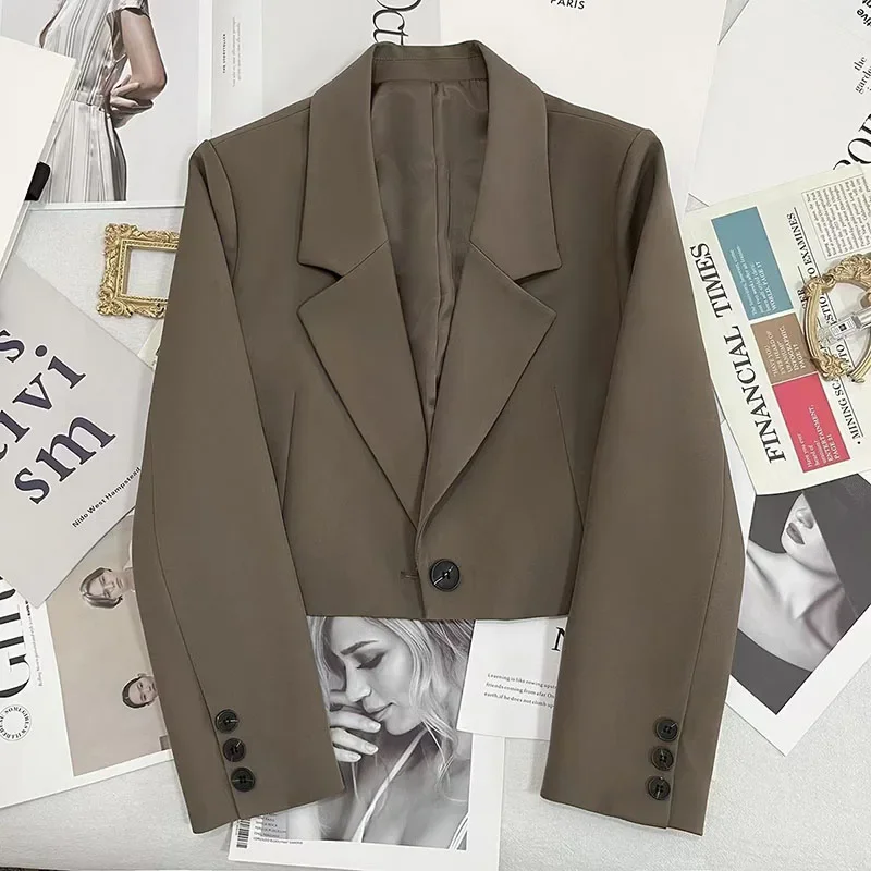 Smvp Black Cropped Blazers Woman Trend 2024 New All-match Notched Collar Crop Jacket Women Korean Chic Single Button Suit Coat