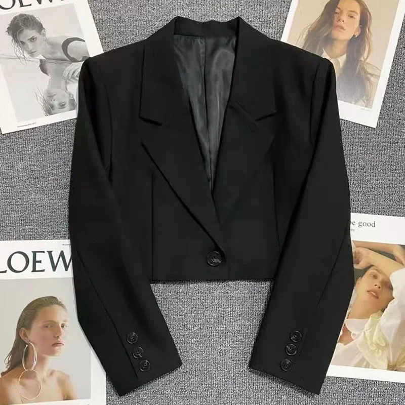 Smvp Black Cropped Blazers Woman Trend 2024 New All-match Notched Collar Crop Jacket Women Korean Chic Single Button Suit Coat
