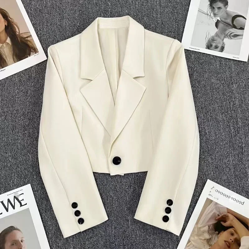 Smvp Black Cropped Blazers Woman Trend 2024 New All-match Notched Collar Crop Jacket Women Korean Chic Single Button Suit Coat