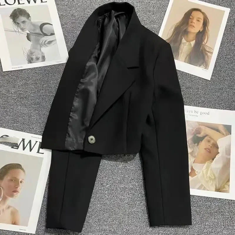 Smvp Black Cropped Blazers Woman Trend 2024 New All-match Notched Collar Crop Jacket Women Korean Chic Single Button Suit Coat