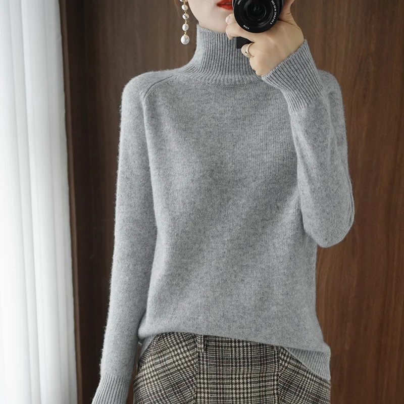 Autumn Winter Mock-Neck Merino Wool Pullover Basic Casual Cashmere Sweater Comfort Womes Raglan Sleeve Clothing Tops