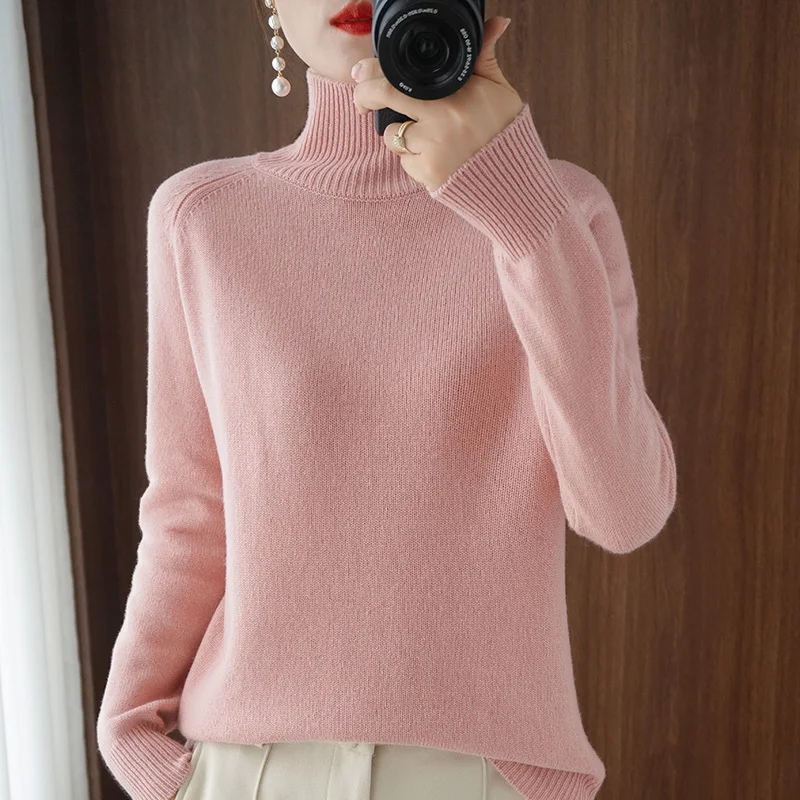 Autumn Winter Mock-Neck Merino Wool Pullover Basic Casual Cashmere Sweater Comfort Womes Raglan Sleeve Clothing Tops