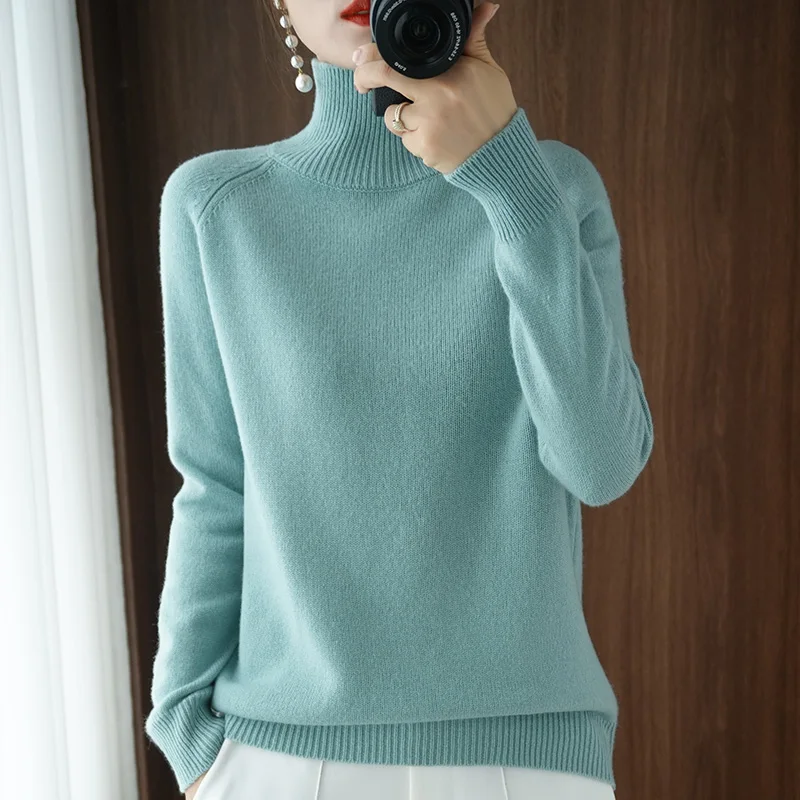 Autumn Winter Mock-Neck Merino Wool Pullover Basic Casual Cashmere Sweater Comfort Womes Raglan Sleeve Clothing Tops
