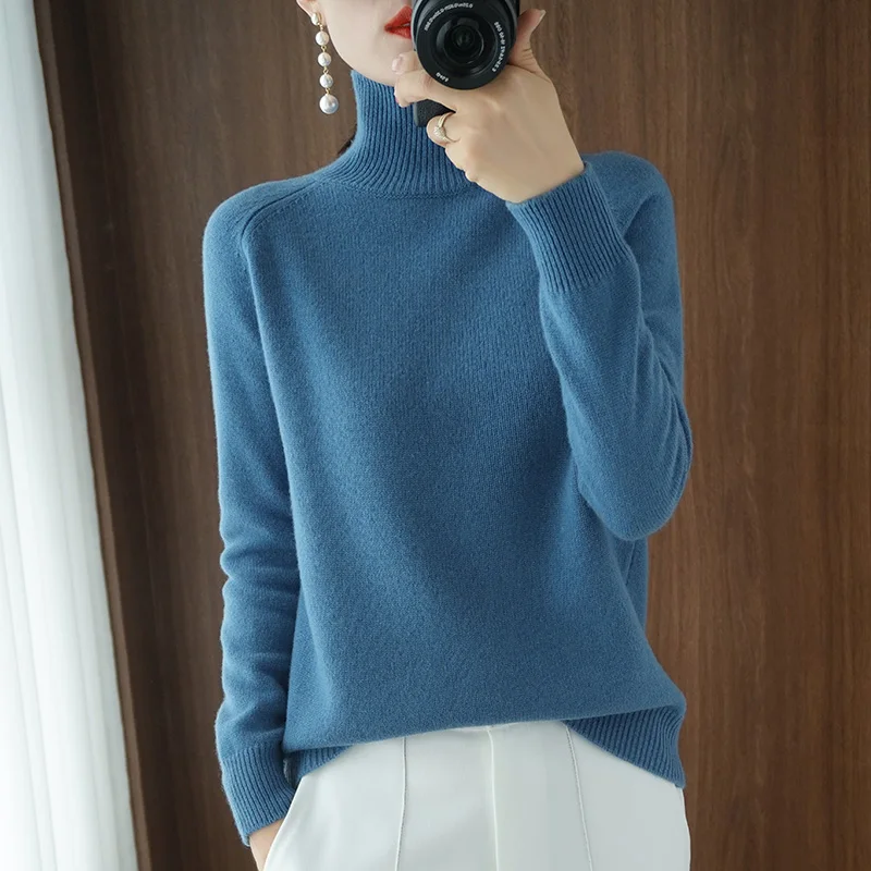 Autumn Winter Mock-Neck Merino Wool Pullover Basic Casual Cashmere Sweater Comfort Womes Raglan Sleeve Clothing Tops