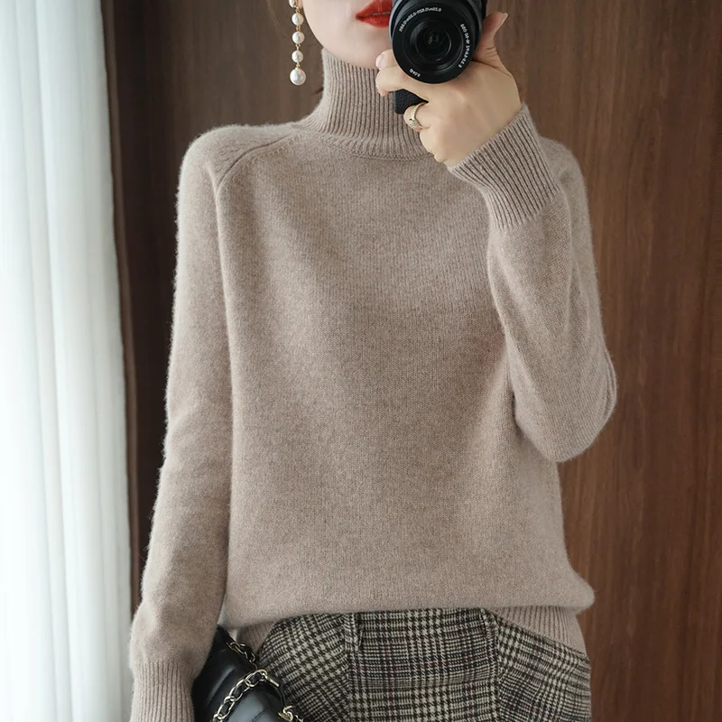 Autumn Winter Mock-Neck Merino Wool Pullover Basic Casual Cashmere Sweater Comfort Womes Raglan Sleeve Clothing Tops