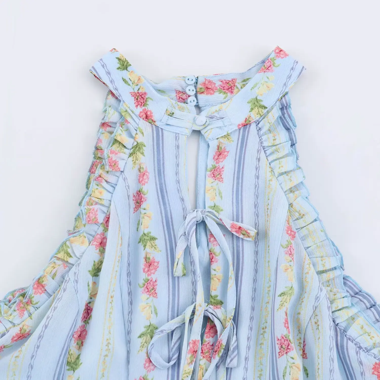 BSAY Vintage Floral Striped Halter Dress Ladies Ruffle Trim Keyhole Tie Front Sleeveless Flared Mini Dress Beach Holiday Outfit