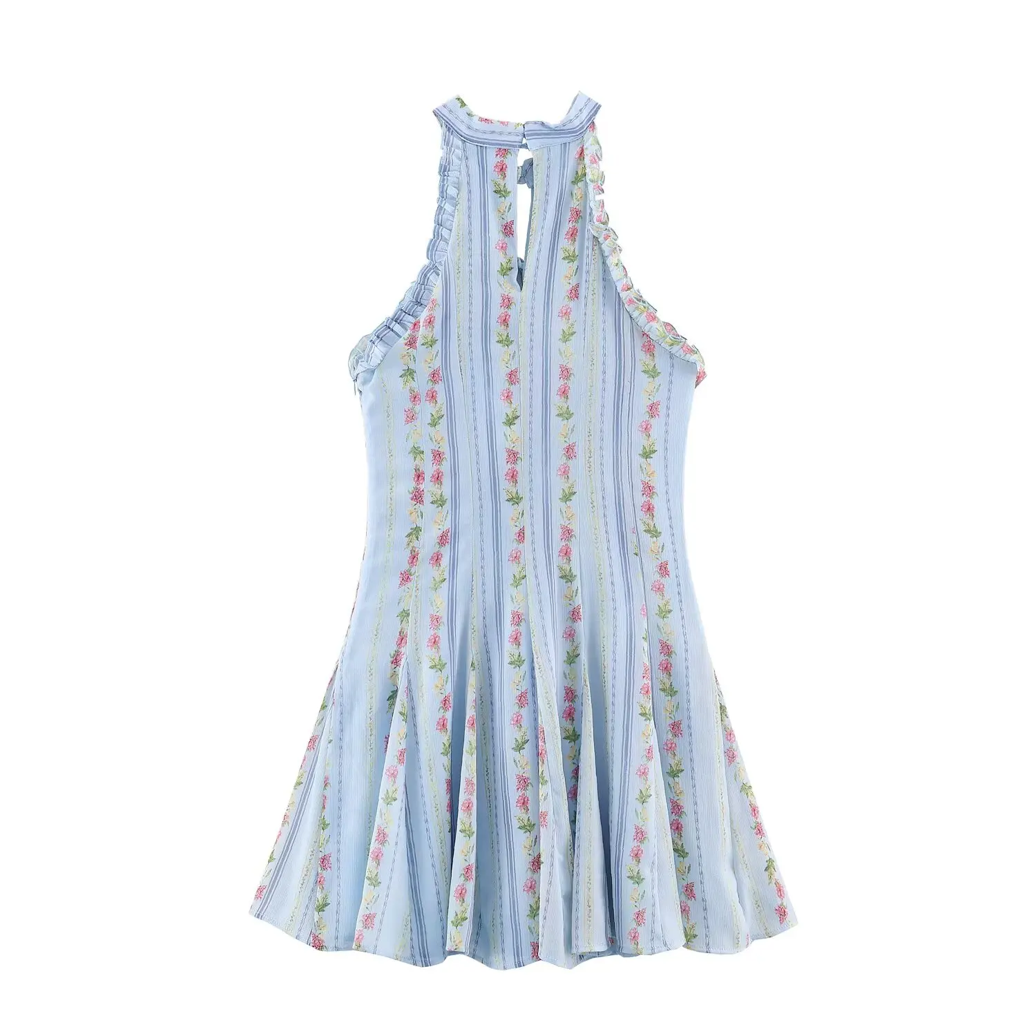 BSAY Vintage Floral Striped Halter Dress Ladies Ruffle Trim Keyhole Tie Front Sleeveless Flared Mini Dress Beach Holiday Outfit