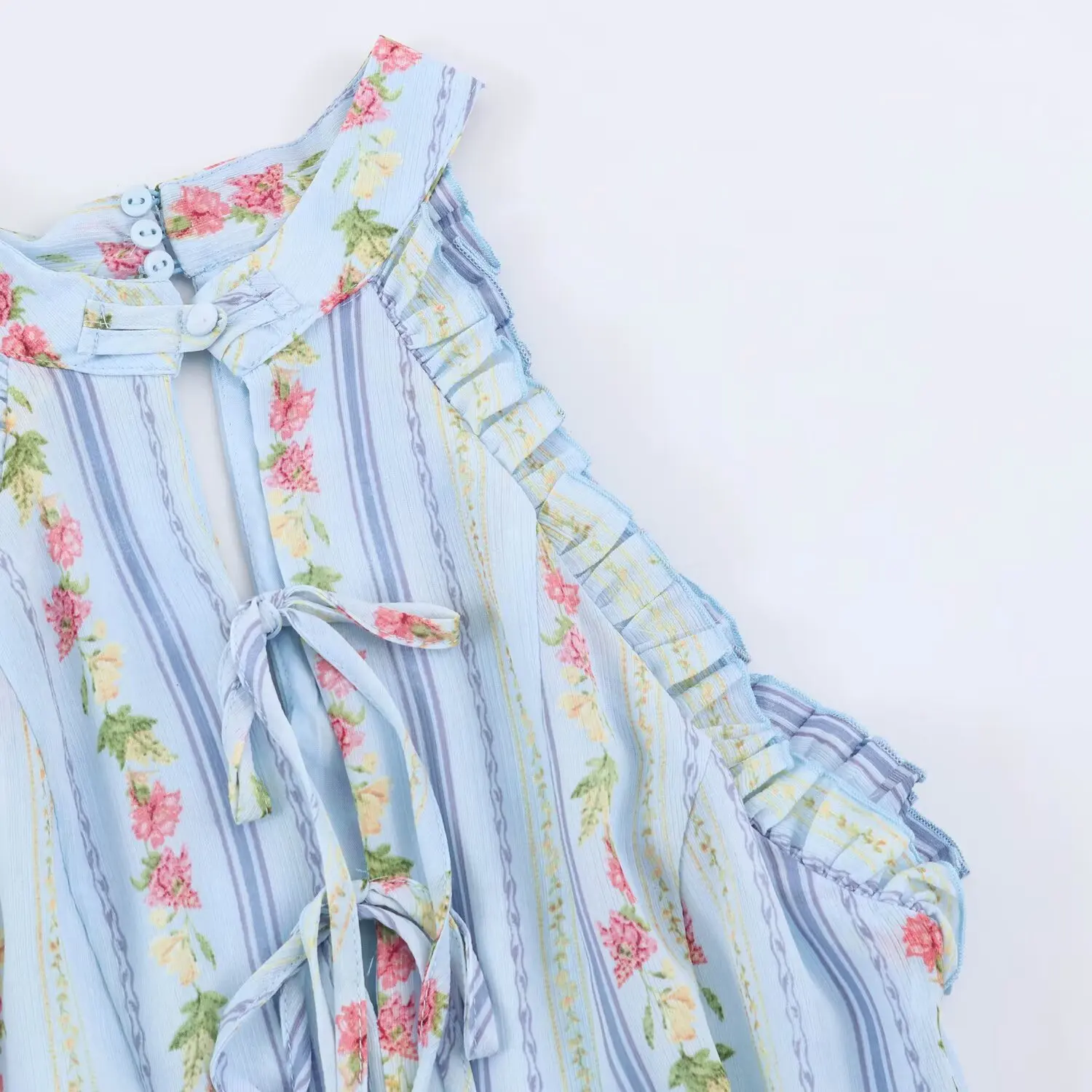 BSAY Vintage Floral Striped Halter Dress Ladies Ruffle Trim Keyhole Tie Front Sleeveless Flared Mini Dress Beach Holiday Outfit