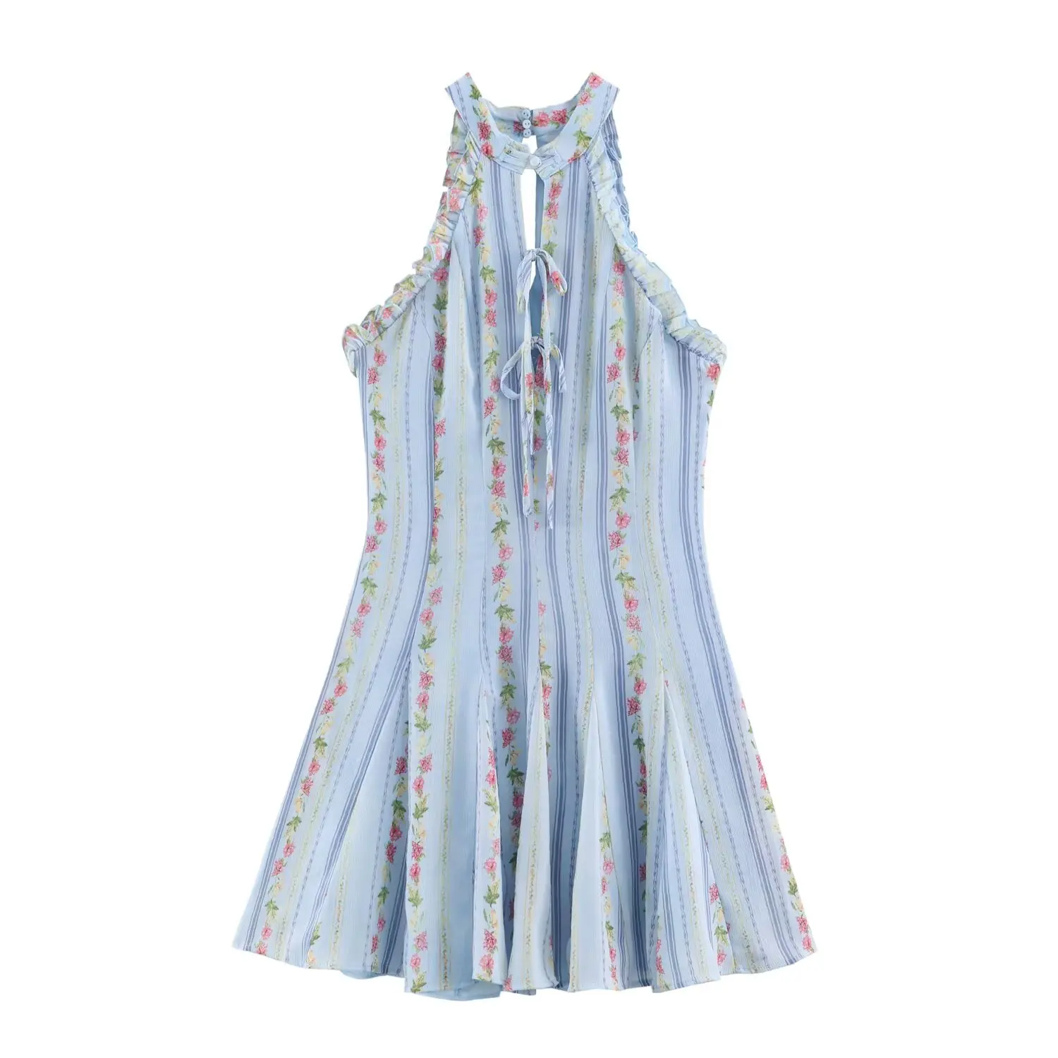 BSAY Vintage Floral Striped Halter Dress Ladies Ruffle Trim Keyhole Tie Front Sleeveless Flared Mini Dress Beach Holiday Outfit