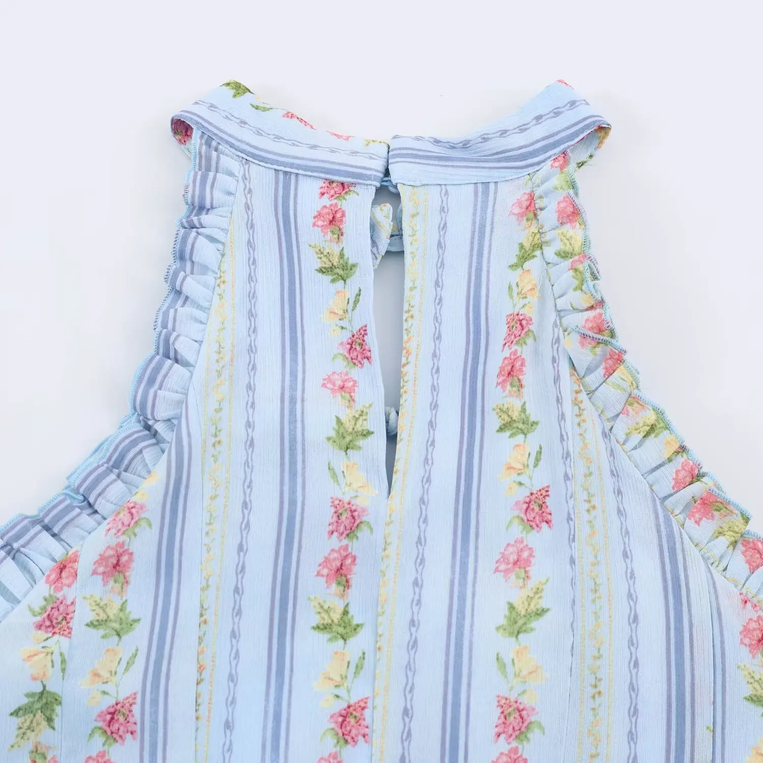 BSAY Vintage Floral Striped Halter Dress Ladies Ruffle Trim Keyhole Tie Front Sleeveless Flared Mini Dress Beach Holiday Outfit