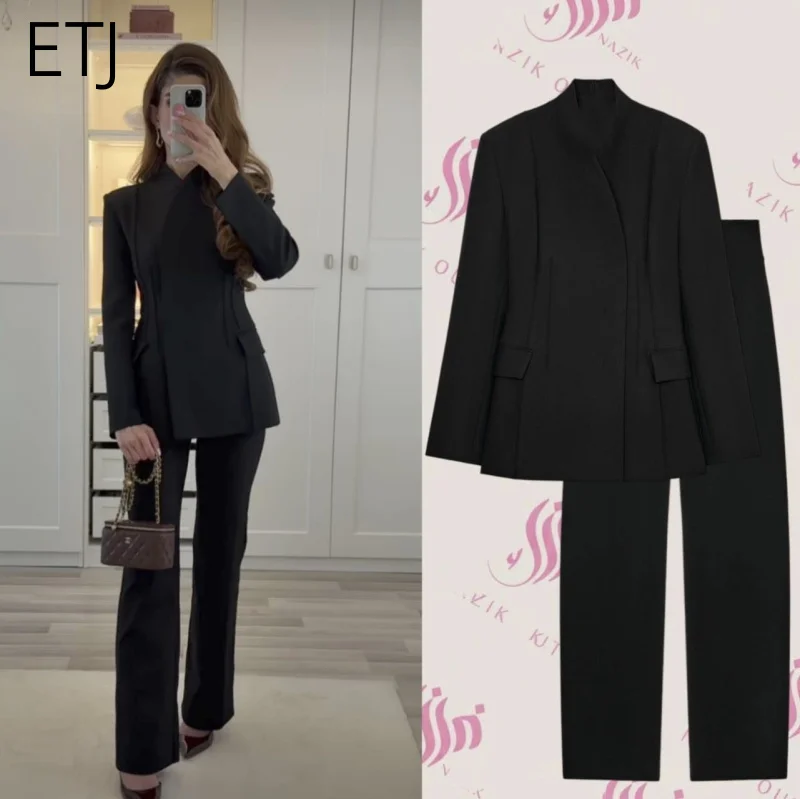 ETJ 2025 Women's New Fashion Design Three-Dimensional Cut High Collar Slim Suit Jacket & Matching Casual Trousers