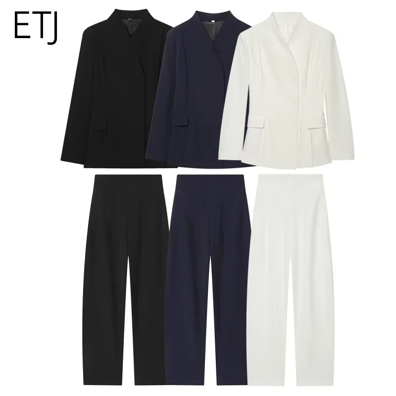 ETJ 2025 Women's New Fashion Design Three-Dimensional Cut High Collar Slim Suit Jacket & Matching Casual Trousers