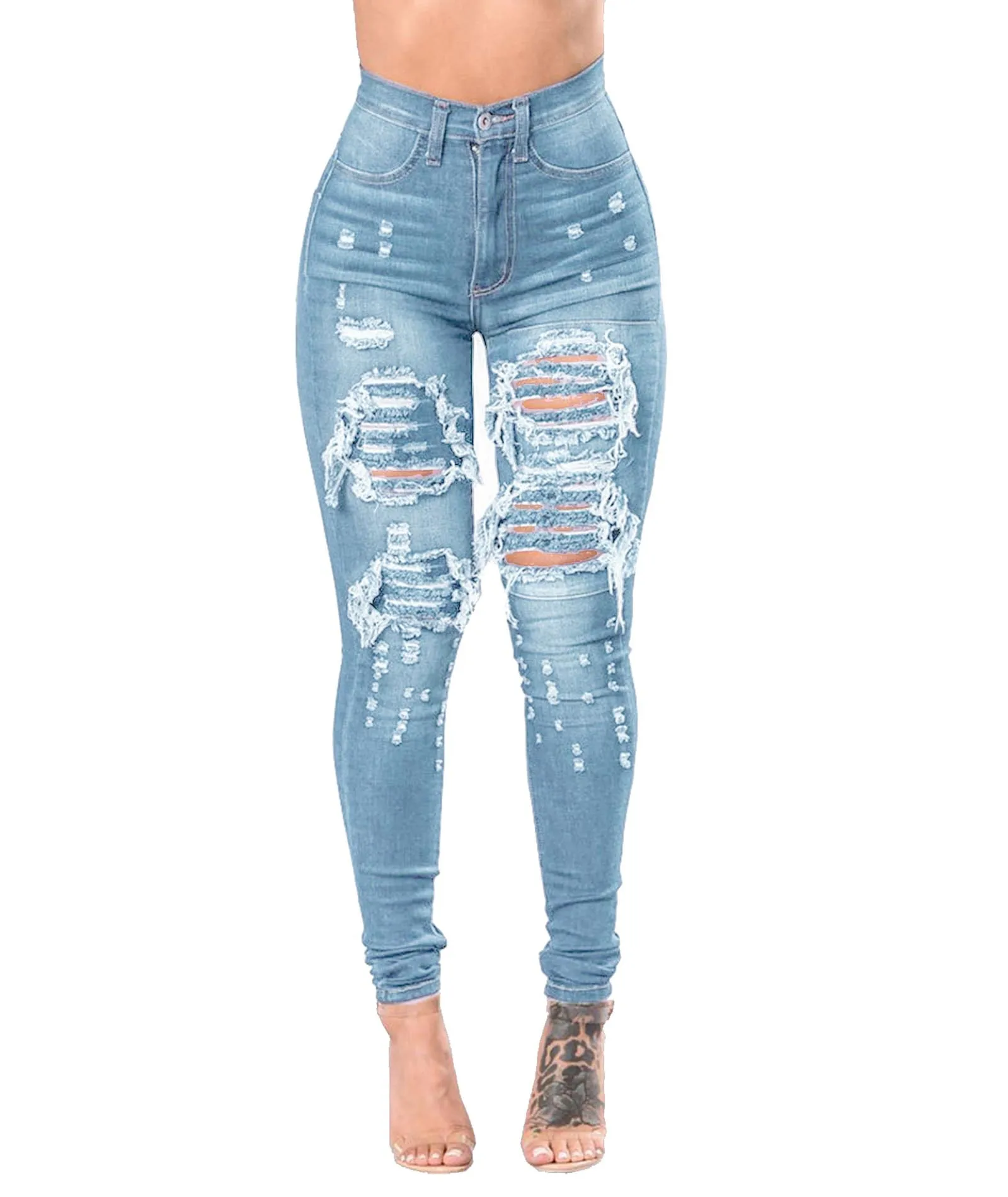 HOLE Denim Women 2026 High Waist Ripped Jeans for Women Skinny Black Pockets Jeans Woman Elastic Slim Jean Female Femme Pants