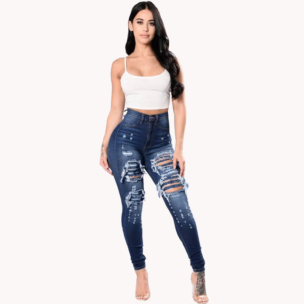 HOLE Denim Women 2026 High Waist Ripped Jeans for Women Skinny Black Pockets Jeans Woman Elastic Slim Jean Female Femme Pants