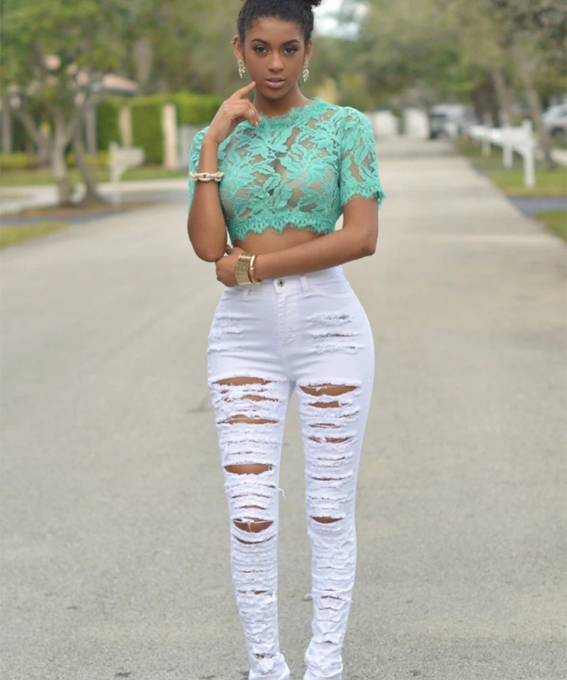 HOLE Denim Women 2026 High Waist Ripped Jeans for Women Skinny Black Pockets Jeans Woman Elastic Slim Jean Female Femme Pants