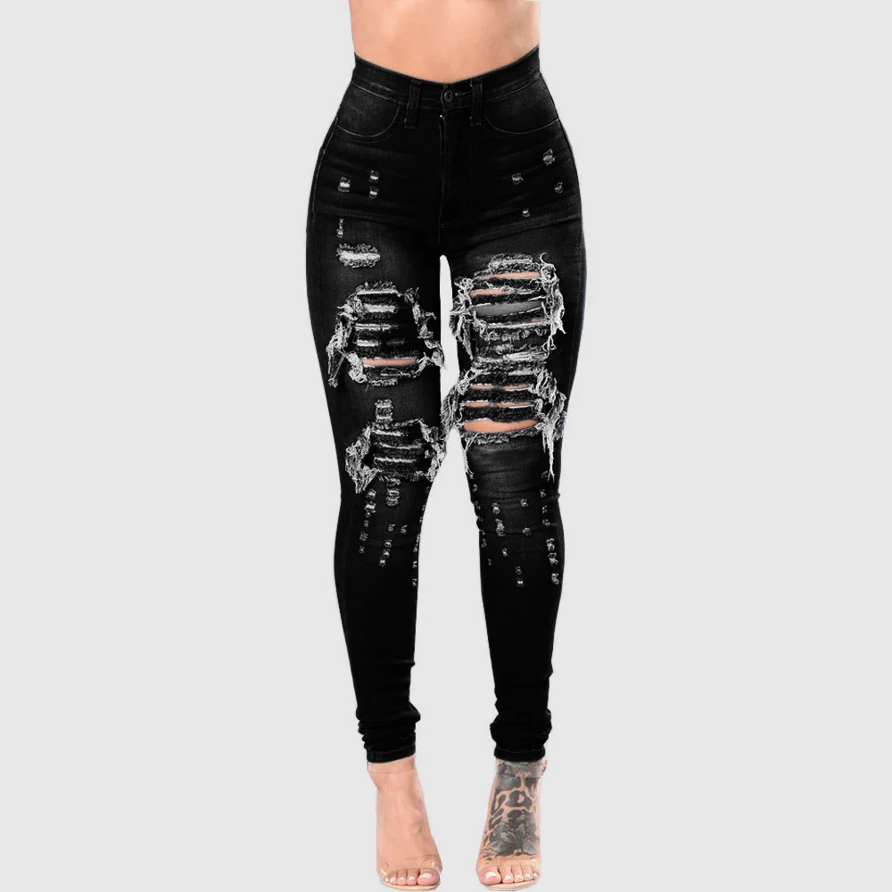 HOLE Denim Women 2026 High Waist Ripped Jeans for Women Skinny Black Pockets Jeans Woman Elastic Slim Jean Female Femme Pants