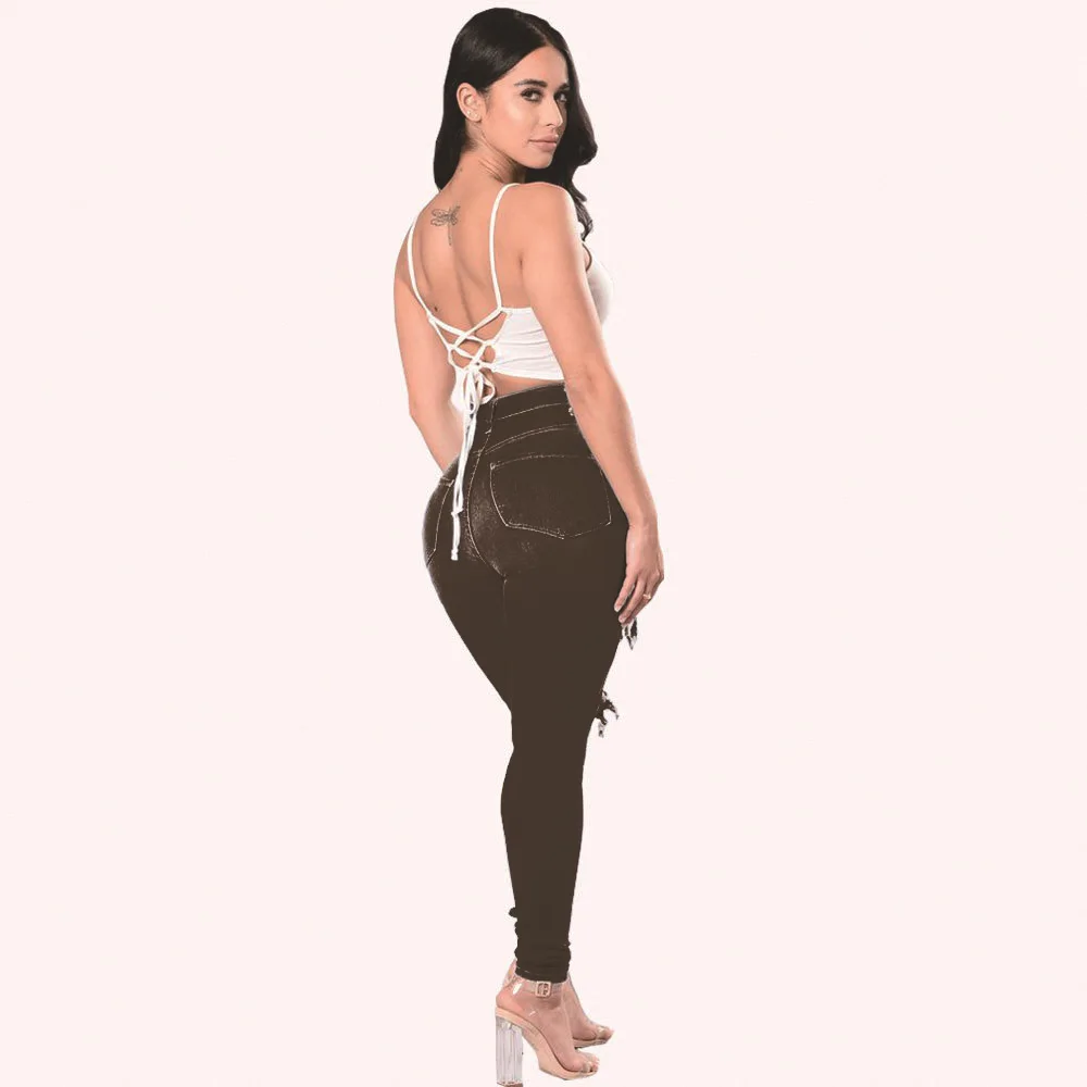 HOLE Denim Women 2026 High Waist Ripped Jeans for Women Skinny Black Pockets Jeans Woman Elastic Slim Jean Female Femme Pants