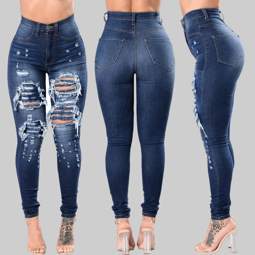 HOLE Denim Women 2026 High Waist Ripped Jeans for Women Skinny Black Pockets Jeans Woman Elastic Slim Jean Female Femme Pants