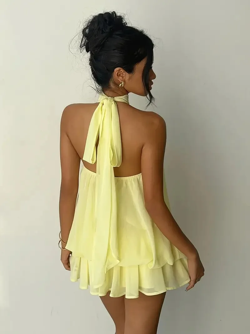 Women's Halter Neck Dress, Backless Tie-Front Chiffon Sheer Mini Skirt, Fashionable Sexy Y2K Vintage Cute Party Birthday Dress