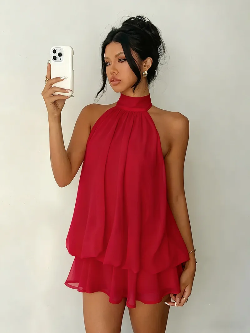 Women's Halter Neck Dress, Backless Tie-Front Chiffon Sheer Mini Skirt, Fashionable Sexy Y2K Vintage Cute Party Birthday Dress