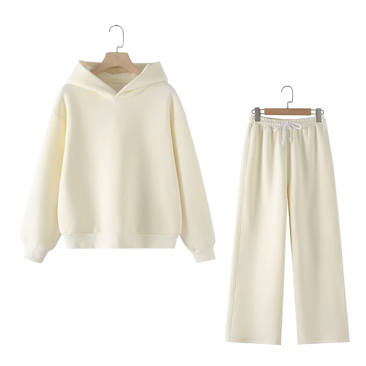 HH Women Solid Casual Sweatshirt Pant Suit Long Sleeve Hooded Fleece Pullover Coat Loose Straight Trousers Office Lady Sets