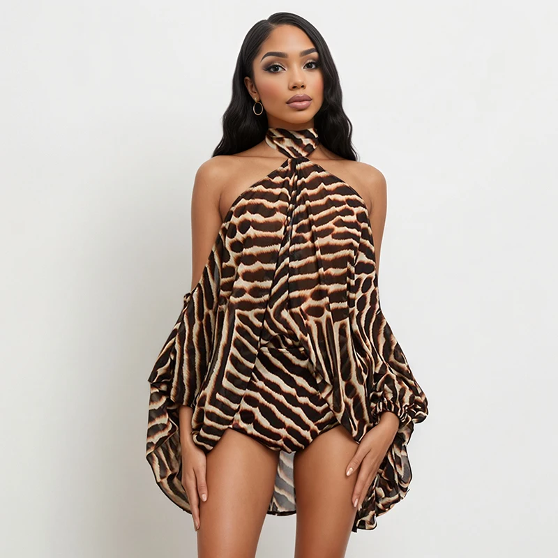 American style neck hanging off shoulder personalized top, tight shorts, printed two-piece set