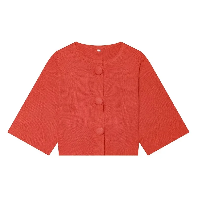 MUJER Button Knit Crop Top Woman Summer Knitwear Polo Cropped Cardigan Women Wide Sleeve Knitted Sweaters for Women Fashion Tops