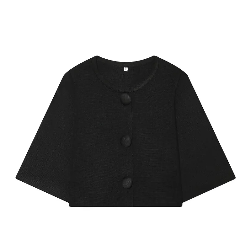MUJER Button Knit Crop Top Woman Summer Knitwear Polo Cropped Cardigan Women Wide Sleeve Knitted Sweaters for Women Fashion Tops