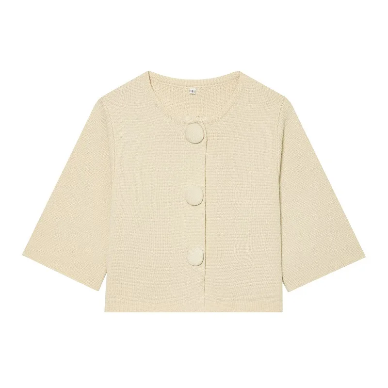 MUJER Button Knit Crop Top Woman Summer Knitwear Polo Cropped Cardigan Women Wide Sleeve Knitted Sweaters for Women Fashion Tops