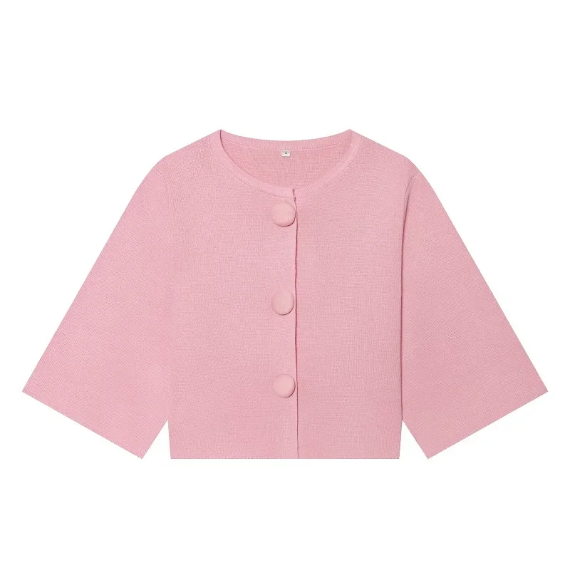 MUJER Button Knit Crop Top Woman Summer Knitwear Polo Cropped Cardigan Women Wide Sleeve Knitted Sweaters for Women Fashion Tops