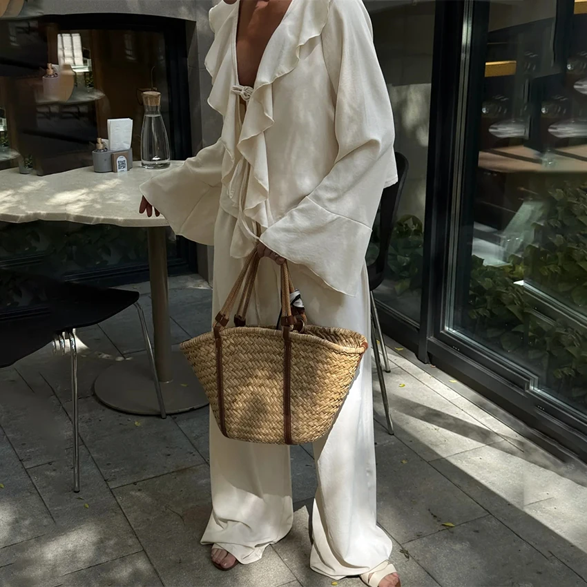 Linad Casual Loose Apricot Outfits Fashion Ruffles Flare Sleeve Blouse With High Waist Pant 2 Piece Sets Summer Long Pants Suits