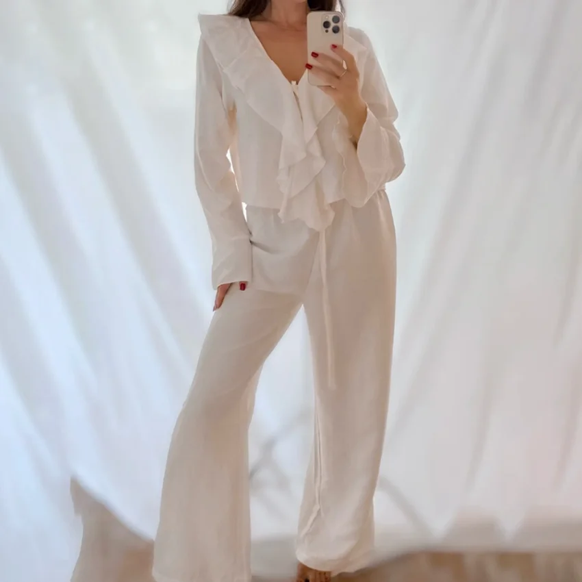 Linad Casual Loose Apricot Outfits Fashion Ruffles Flare Sleeve Blouse With High Waist Pant 2 Piece Sets Summer Long Pants Suits