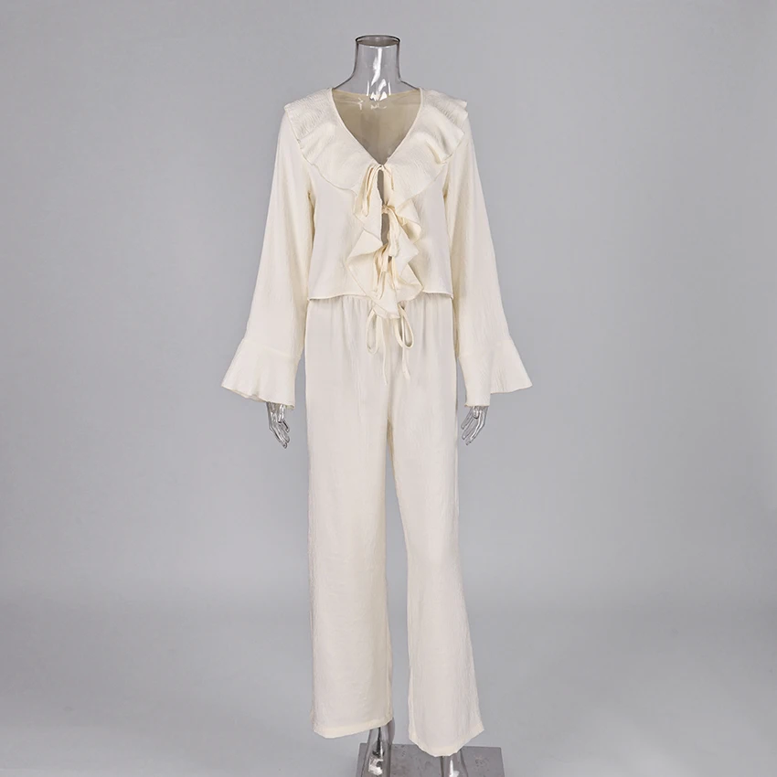 Linad Casual Loose Apricot Outfits Fashion Ruffles Flare Sleeve Blouse With High Waist Pant 2 Piece Sets Summer Long Pants Suits