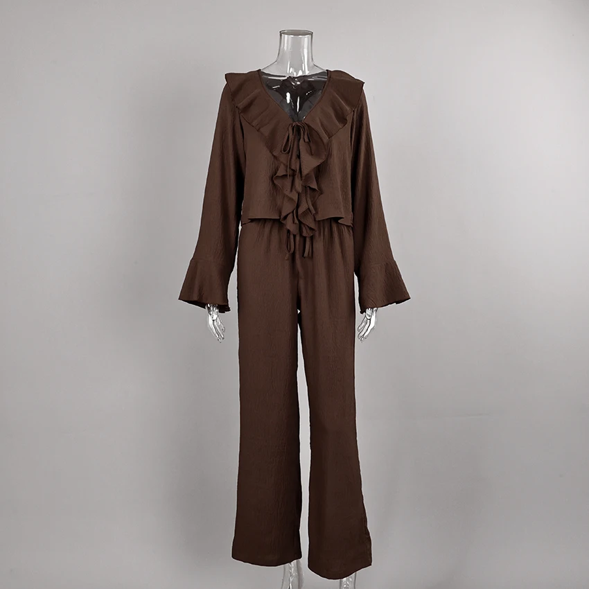 Linad Casual Loose Apricot Outfits Fashion Ruffles Flare Sleeve Blouse With High Waist Pant 2 Piece Sets Summer Long Pants Suits