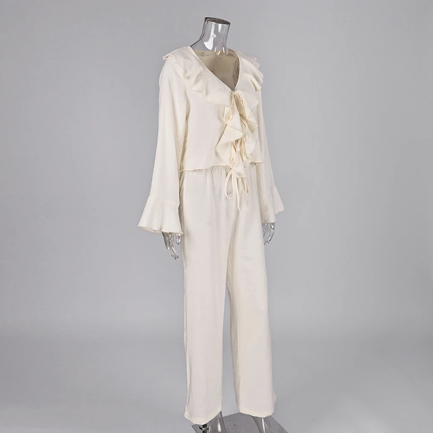 Linad Casual Loose Apricot Outfits Fashion Ruffles Flare Sleeve Blouse With High Waist Pant 2 Piece Sets Summer Long Pants Suits