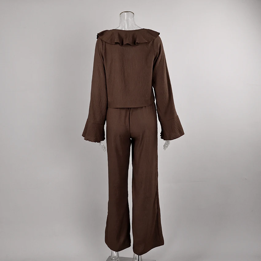 Linad Casual Loose Apricot Outfits Fashion Ruffles Flare Sleeve Blouse With High Waist Pant 2 Piece Sets Summer Long Pants Suits