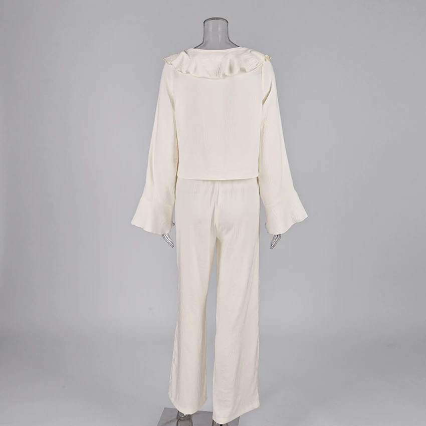 Linad Casual Loose Apricot Outfits Fashion Ruffles Flare Sleeve Blouse With High Waist Pant 2 Piece Sets Summer Long Pants Suits