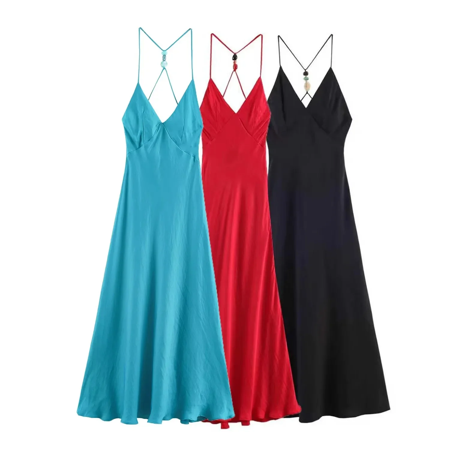 BSAY 2026 Women Fashion Satin Spaghetti Strap Maxi Dress V‑Neck Back Beaded Tassel Halter Sleeveless Long Evening Party Dress
