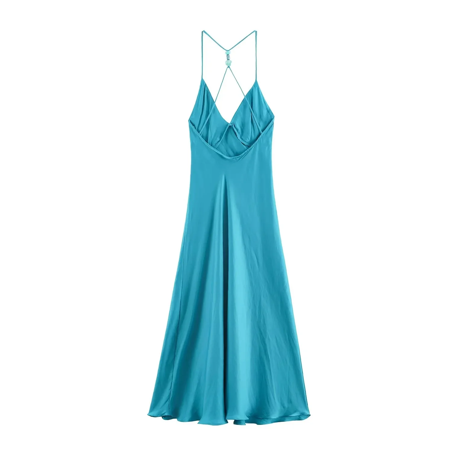 BSAY 2026 Women Fashion Satin Spaghetti Strap Maxi Dress V‑Neck Back Beaded Tassel Halter Sleeveless Long Evening Party Dress