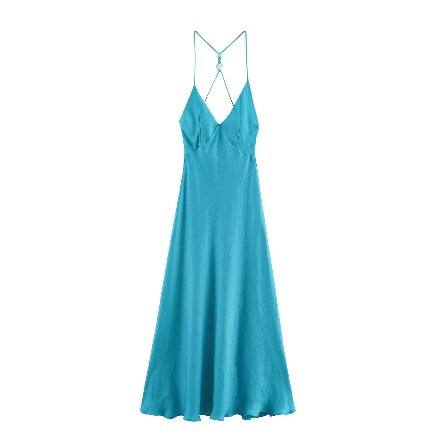 BSAY 2026 Women Fashion Satin Spaghetti Strap Maxi Dress V‑Neck Back Beaded Tassel Halter Sleeveless Long Evening Party Dress