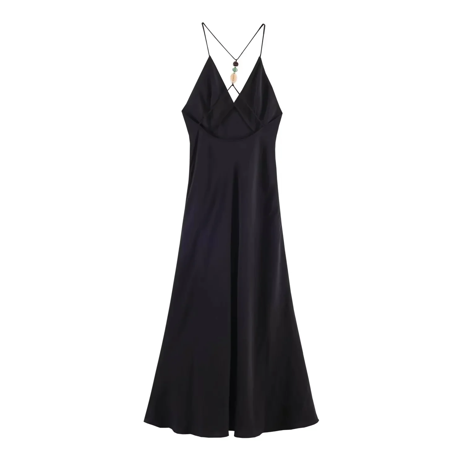 BSAY 2026 Women Fashion Satin Spaghetti Strap Maxi Dress V‑Neck Back Beaded Tassel Halter Sleeveless Long Evening Party Dress