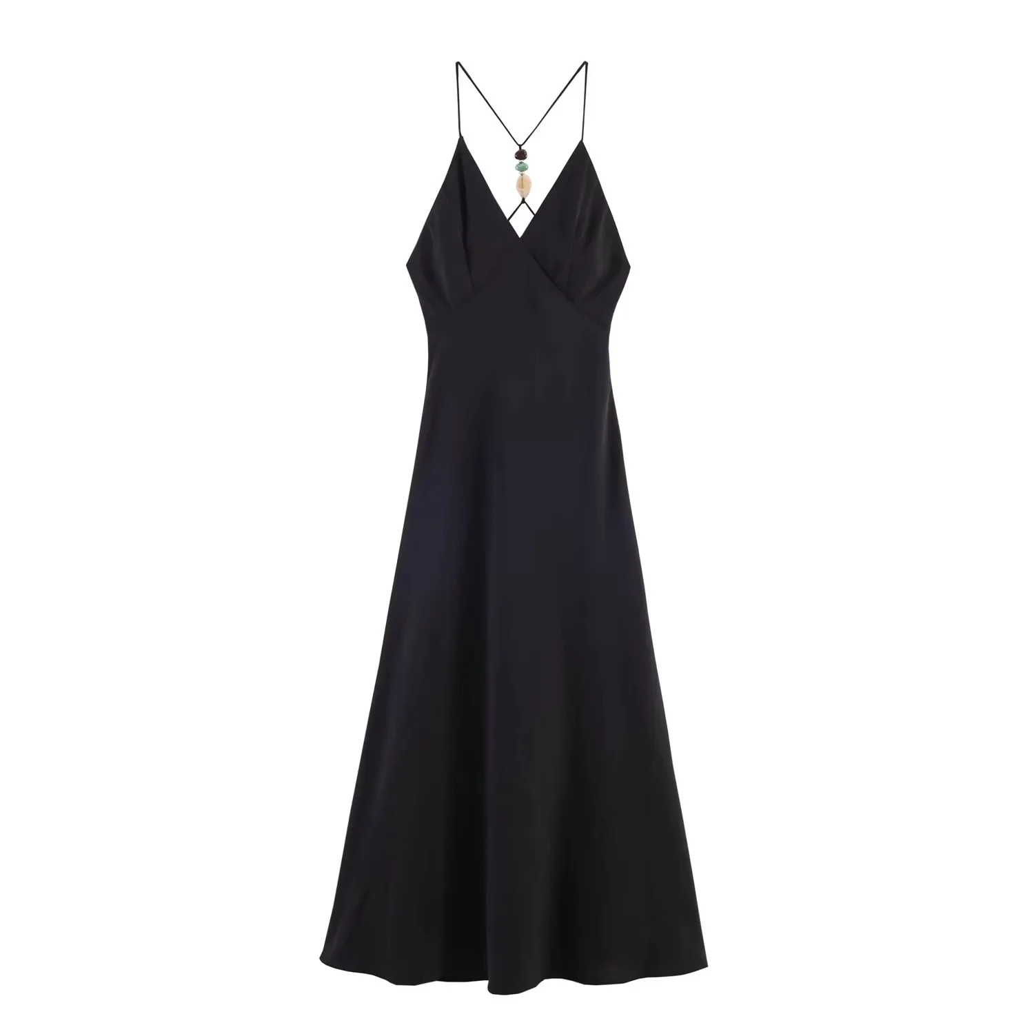 BSAY 2026 Women Fashion Satin Spaghetti Strap Maxi Dress V‑Neck Back Beaded Tassel Halter Sleeveless Long Evening Party Dress