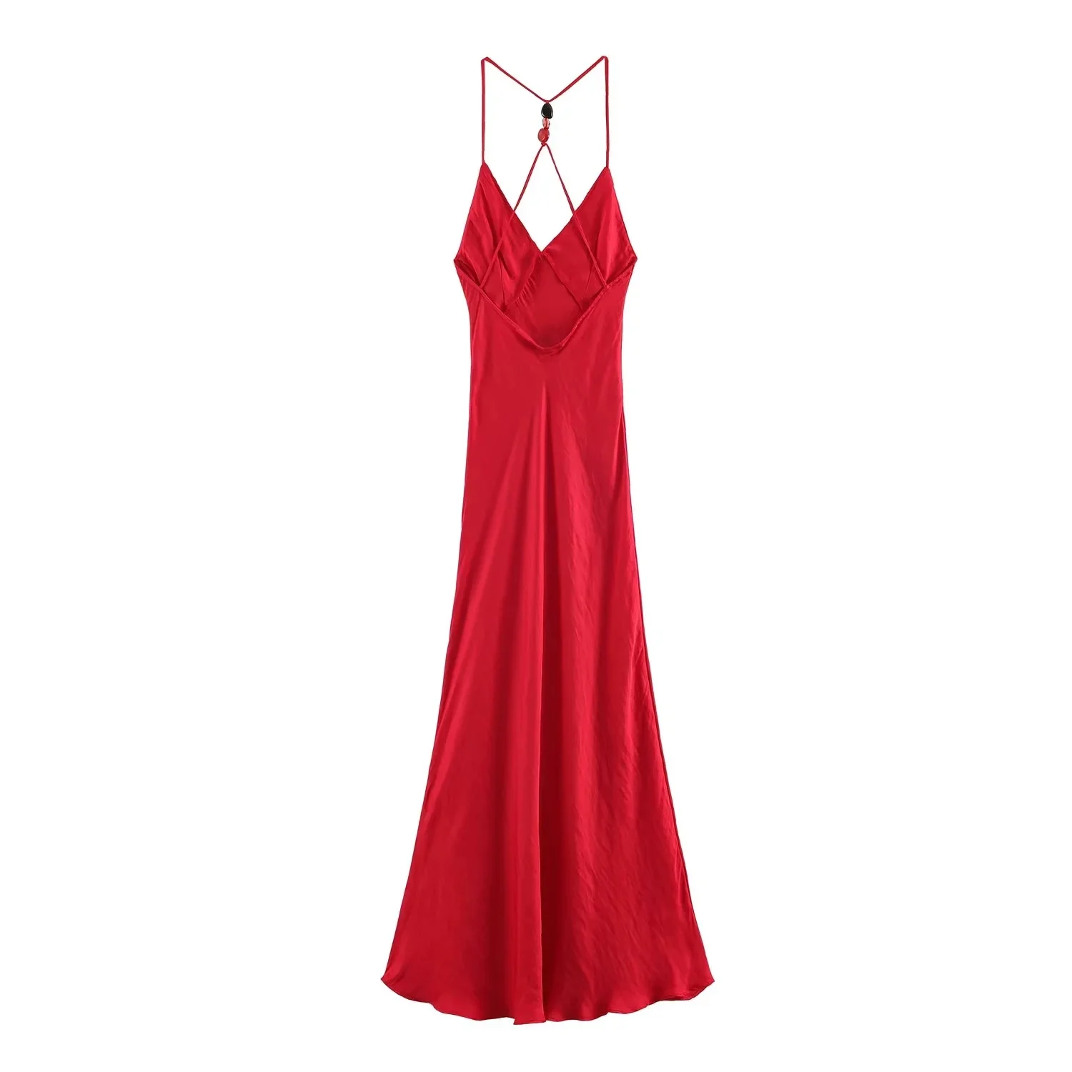 BSAY 2026 Women Fashion Satin Spaghetti Strap Maxi Dress V‑Neck Back Beaded Tassel Halter Sleeveless Long Evening Party Dress