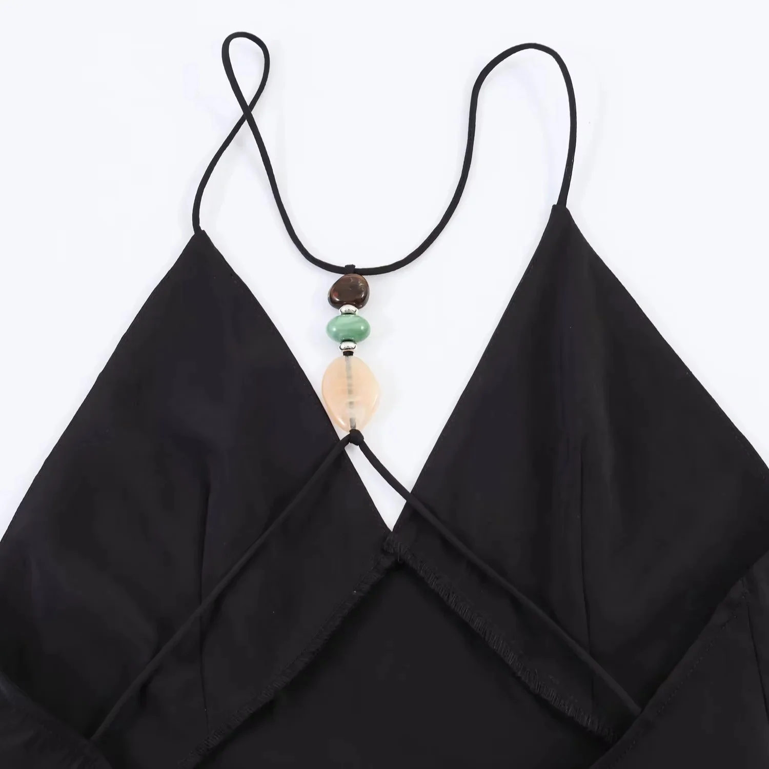BSAY 2026 Women Fashion Satin Spaghetti Strap Maxi Dress V‑Neck Back Beaded Tassel Halter Sleeveless Long Evening Party Dress