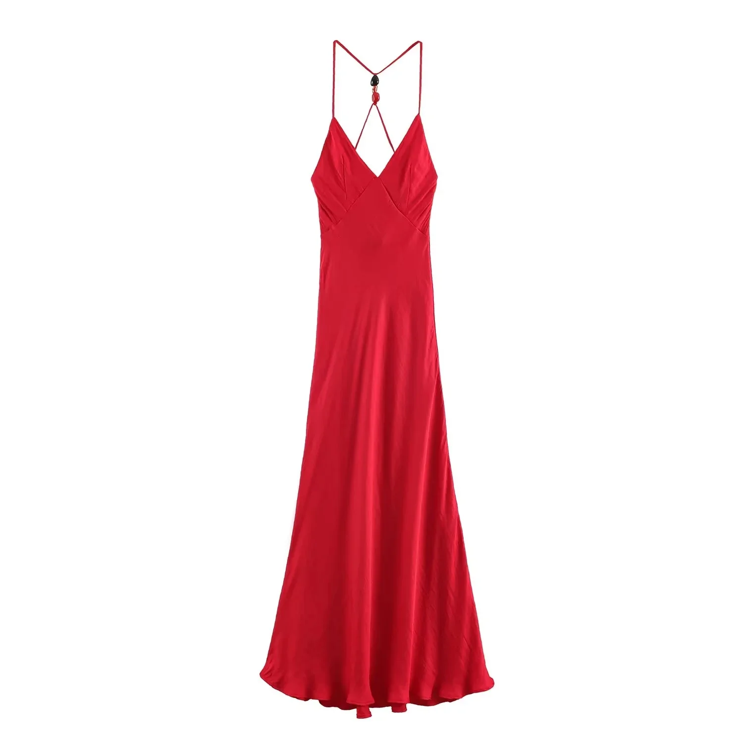 BSAY 2026 Women Fashion Satin Spaghetti Strap Maxi Dress V‑Neck Back Beaded Tassel Halter Sleeveless Long Evening Party Dress