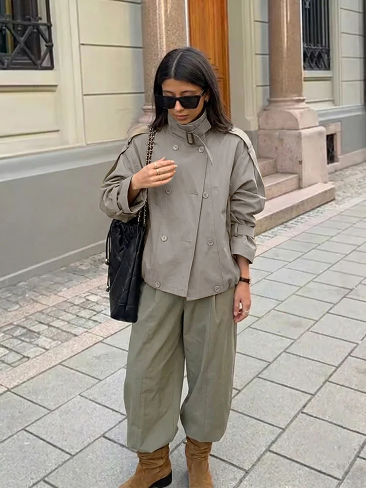 Women Relaxed Fit Short Utility Trench Jacket High Funnel Neck Epaulet Design Double Breasted Cropped Coat Commuter Outerwear