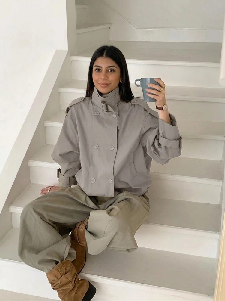 Women Relaxed Fit Short Utility Trench Jacket High Funnel Neck Epaulet Design Double Breasted Cropped Coat Commuter Outerwear