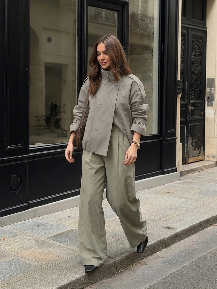 Women Relaxed Fit Short Utility Trench Jacket High Funnel Neck Epaulet Design Double Breasted Cropped Coat Commuter Outerwear
